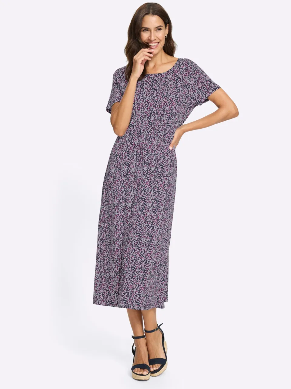 Jersey jurk marine/orchidee bedrukt