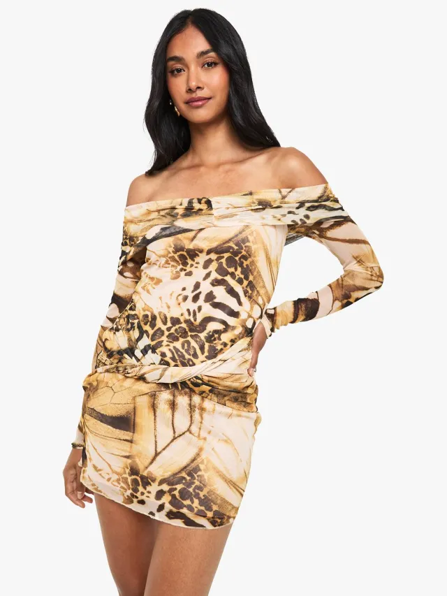 boohoo Dames Abstracte Mesh Twist-Front Bardot Mini-jurk Bruin
