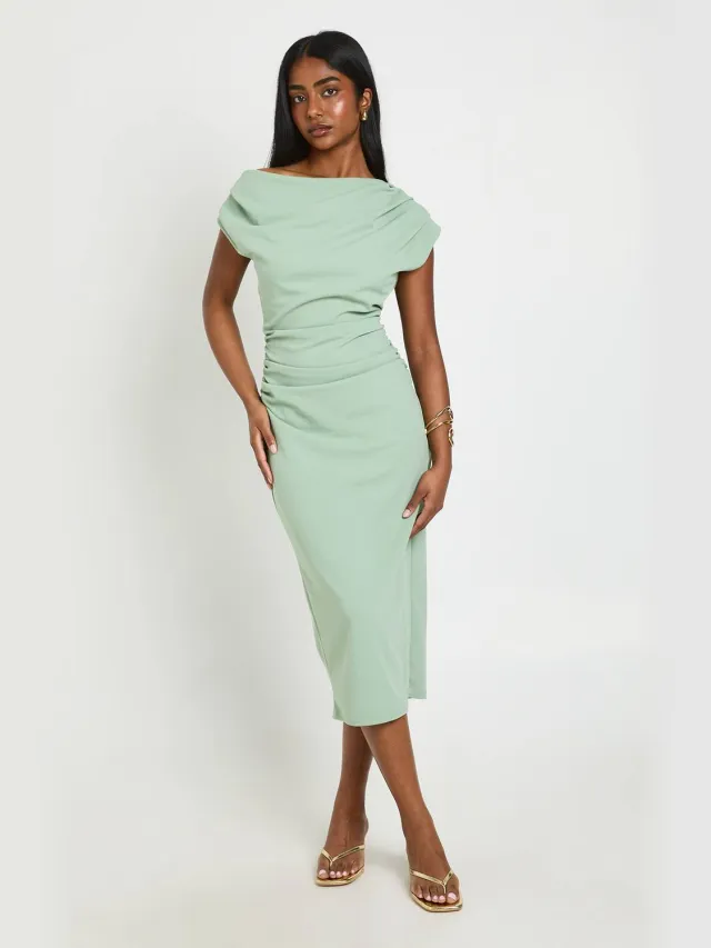 boohoo Dames Crepe Midi-jurk Met Asymmetrische Hals En Drapering Verstandig