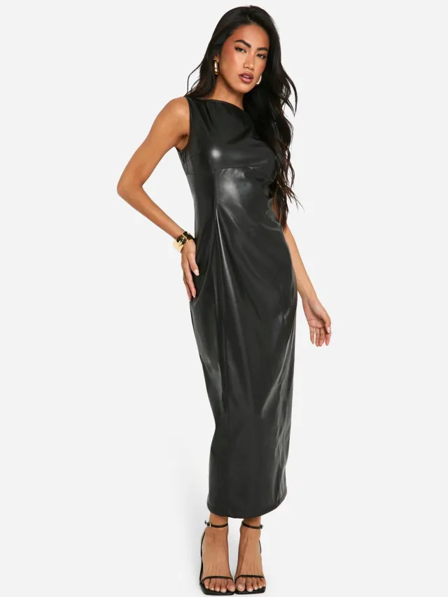 boohoo Dames Faux Leather Midaxi-jurk Zwart