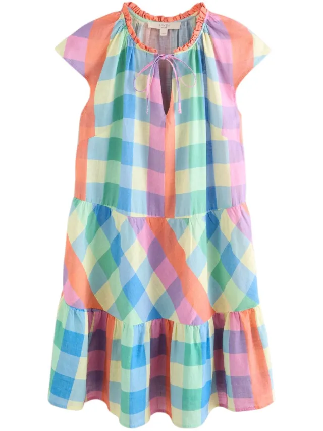 Next Dames - Mini-jurk met V-hals en laagjes en linnen - Blauw Pink/Blue Gingham
