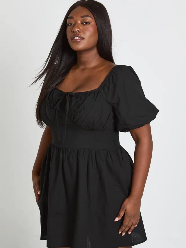 boohoo Dames Plus Linnen-look Mini Jurk Met Volumemouwen Zwart
