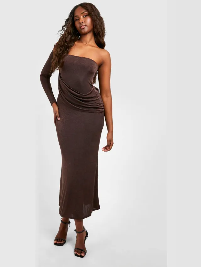boohoo Dames Wrap Ruched Acetaat Slinky Maxi Jurk Chocoladebruin