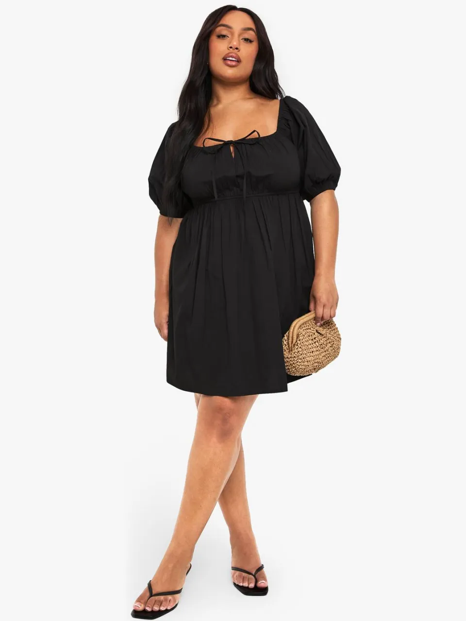boohoo Dames Plus Tie Front Geplooide Katoenen Skaterjurk zwart, foto 3