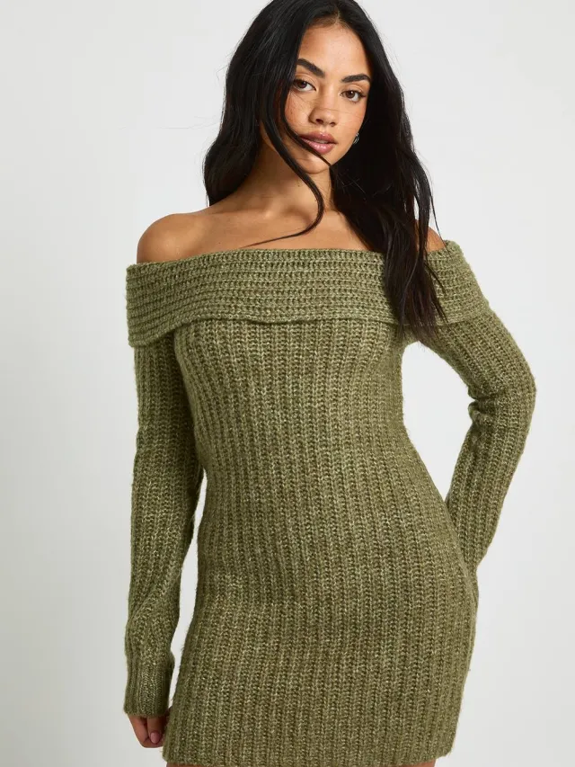 boohoo Dames Chunky Knit Bardot Mini Jurk Kaki