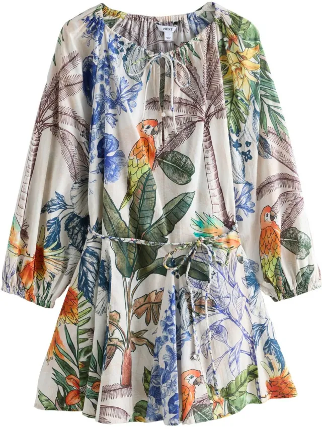 Next Dames - Mini-jurk met lange mouwen - Crème Cream/Navy Blue Floral