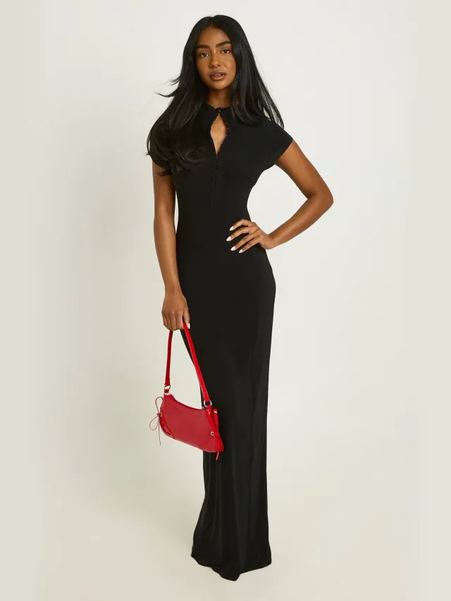 boohoo Dames Slinky Maxi Jurk Met Sleutelgat Hals En Haaksluiting Zwart