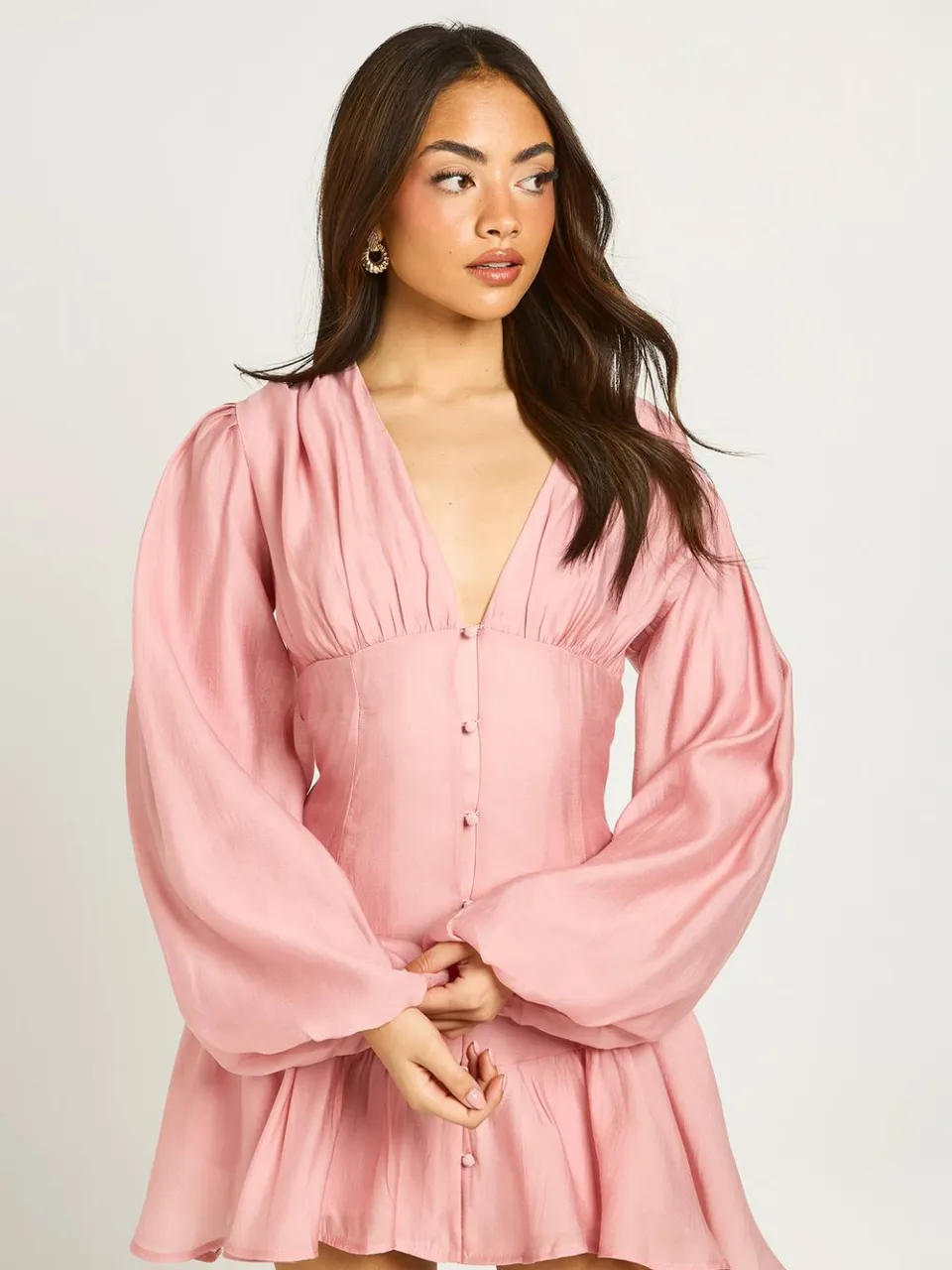 boohoo Dames Gestructureerde Mini-jurk Met Volumineuze Mouwen En Asymmetrische Zoom roze, foto 3