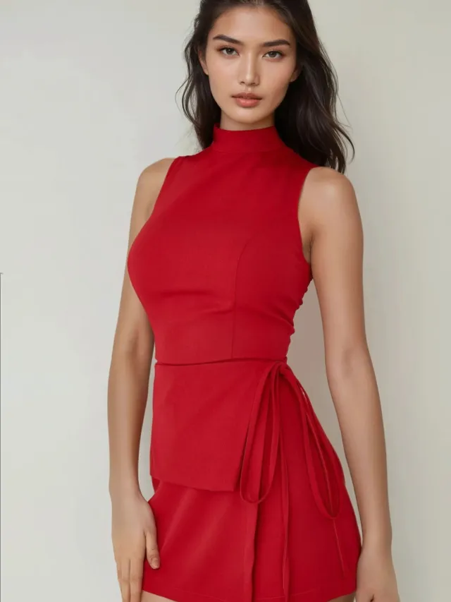 Hiccup Hoge Hals Mouwloze Strakke Jumpsuit met Strik Taille Detail Rood