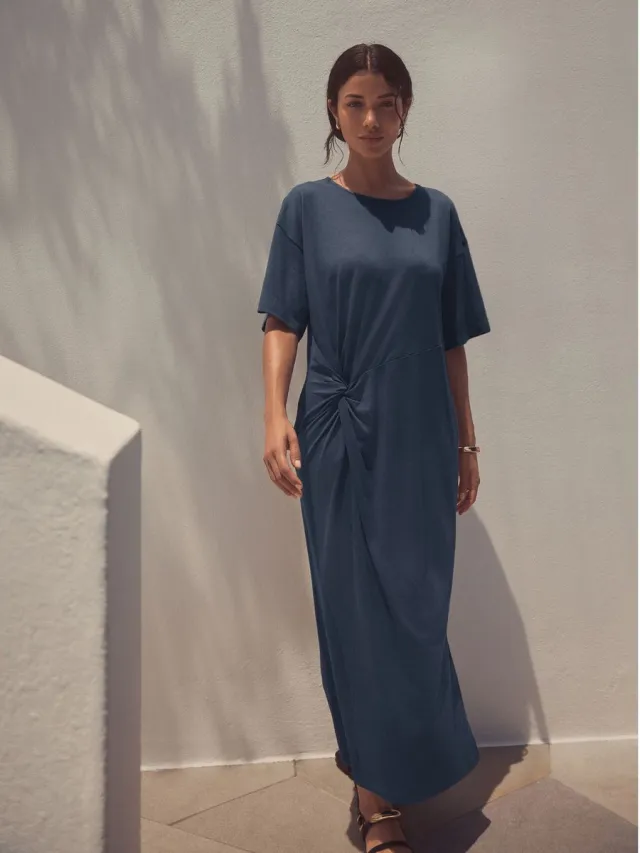 Next Dames - Jersey gedraaide zomerse petite T-shirtjurk - Petite - Blauw Blue