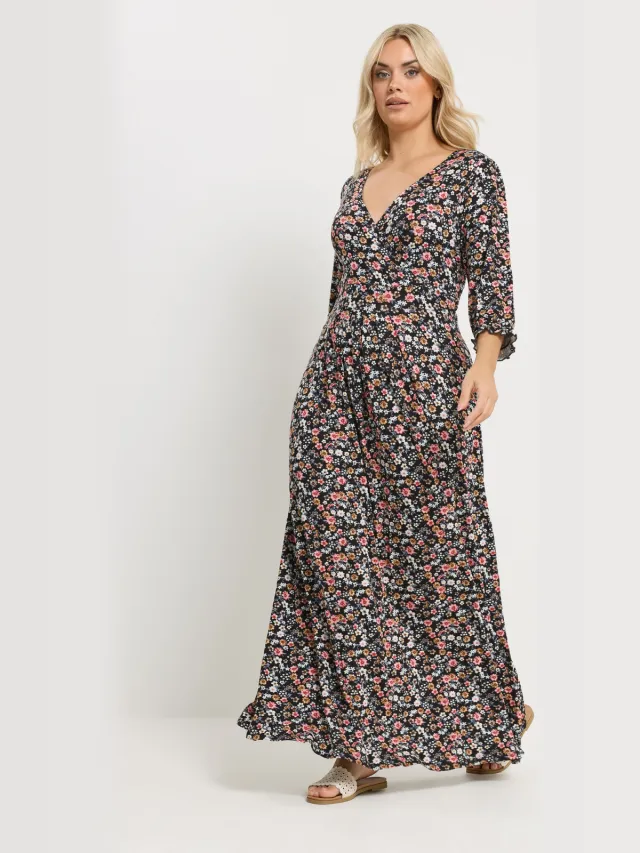 Yours Zwarte Wikkeljurk Met Bloemenprint En Vhals-60 Black