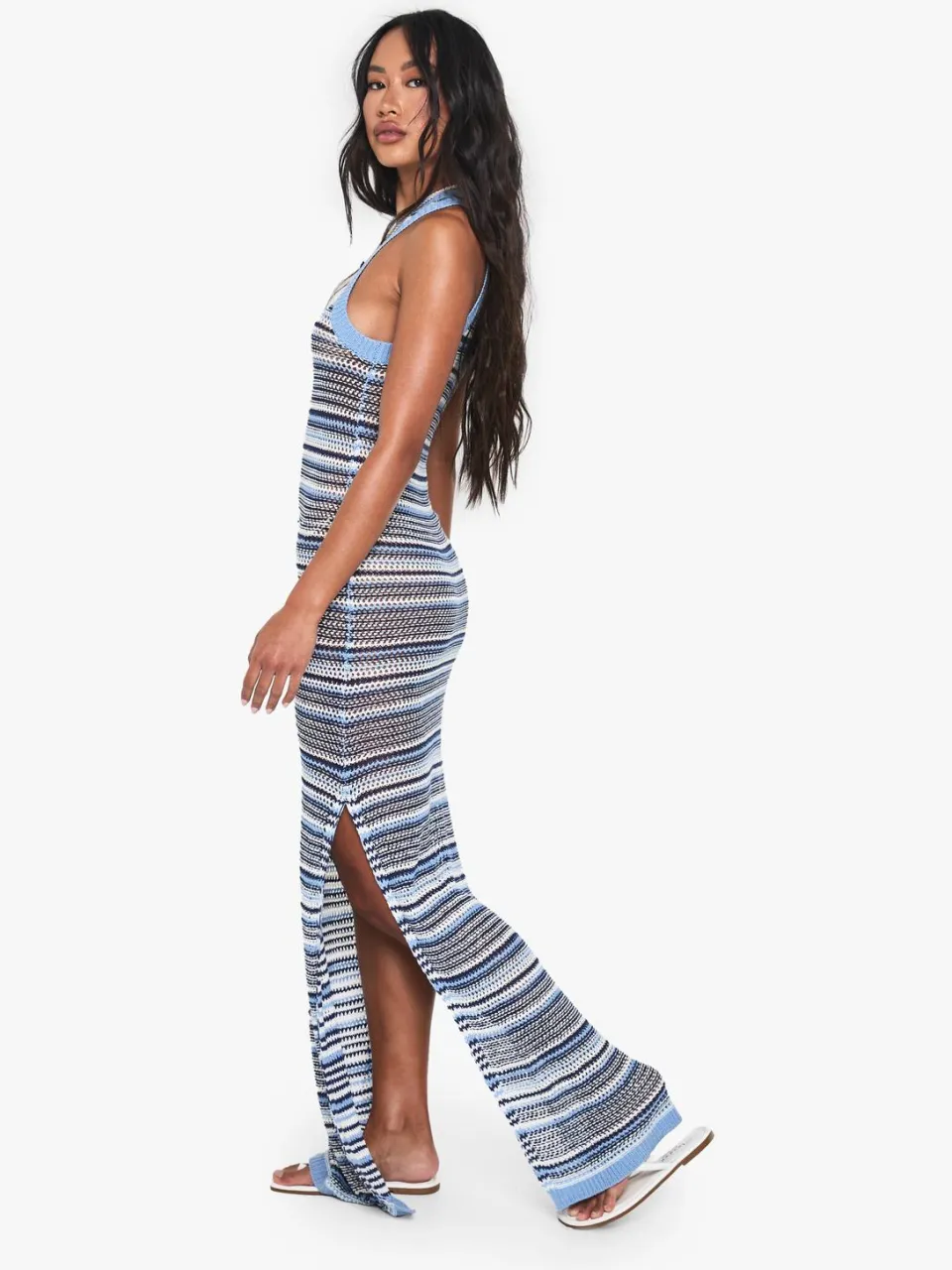 boohoo Dames Gestreepte Haakwerk Strand Maxi Jurk blauw, foto 2