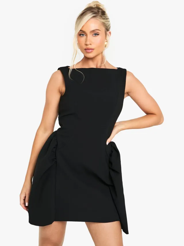 boohoo Dames Mini-jurk met slash-kraag en volledige rok Zwart