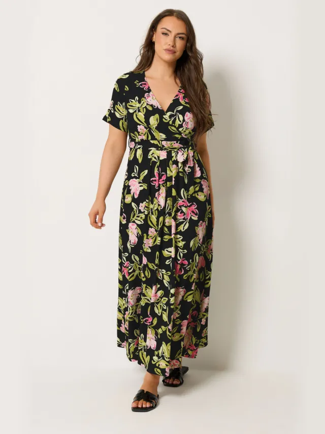 Yours Zwarte Wikkeljurk Met Bloemenprint En Structuur Black