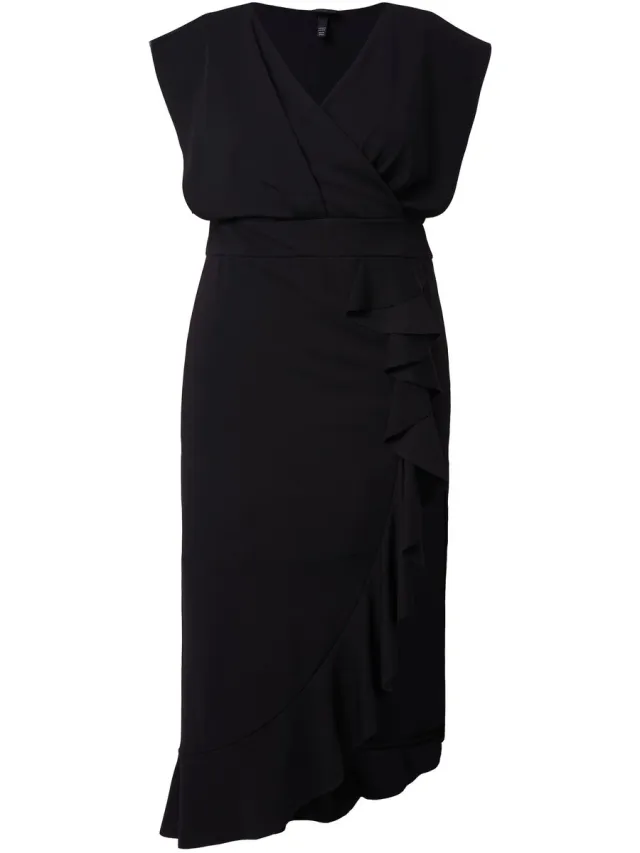 Ulla Popken Dames - Jersey maxi-jurk ruche V-hals mouwloos - Zwart