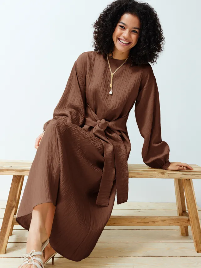 Trendyol Modest Dames Bruin Effen Maxi Lang Casual Recht Modest Jurken, foto 2