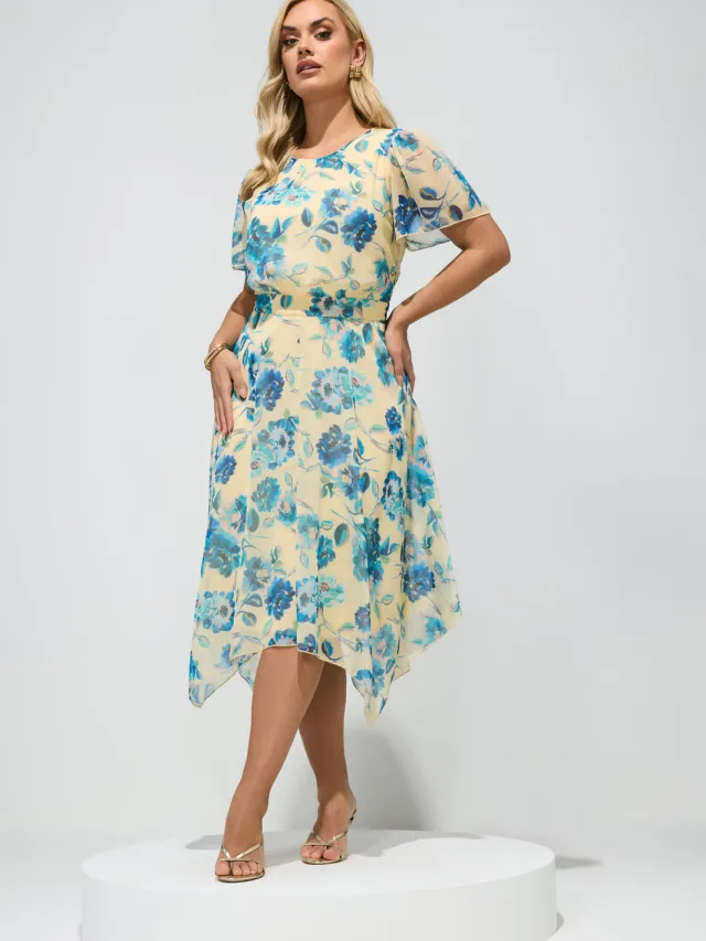 Yours London Gele Jurk Met Bloemenprint En Ruchezoom Yellow