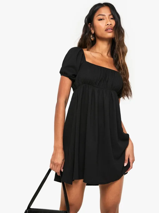 boohoo Dames Pofmouwen Smock Mini Jurk Zwart