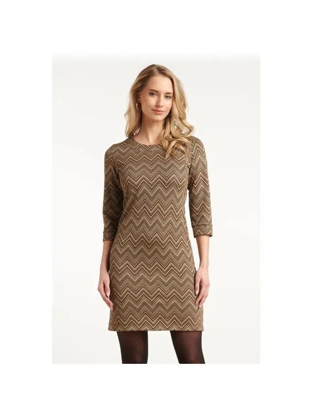 Smashed Lemon Zand en gouden getailleerde jurk met zigzagprint Beige