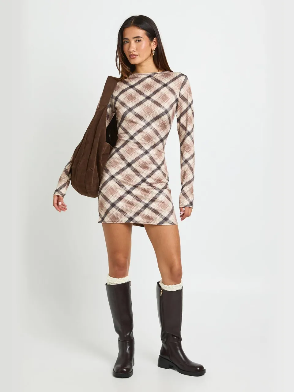 boohoo Dames Tonal Geruit Mini-jurk Met Lange Mouwen zand, foto 2
