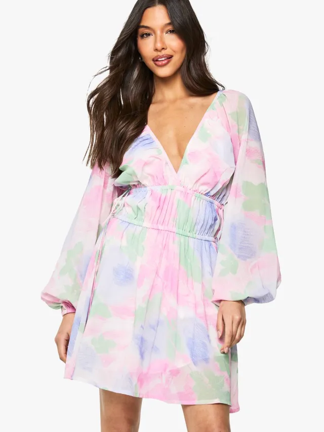 boohoo Dames Bloemen mini-jurk met gesnoerde taille en ballonmouwen Blauw