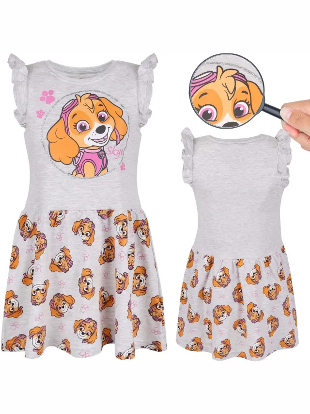 Disney Paw Patrol SKYE Grijze jurk met korte mouw, meisjesjurk, katoen