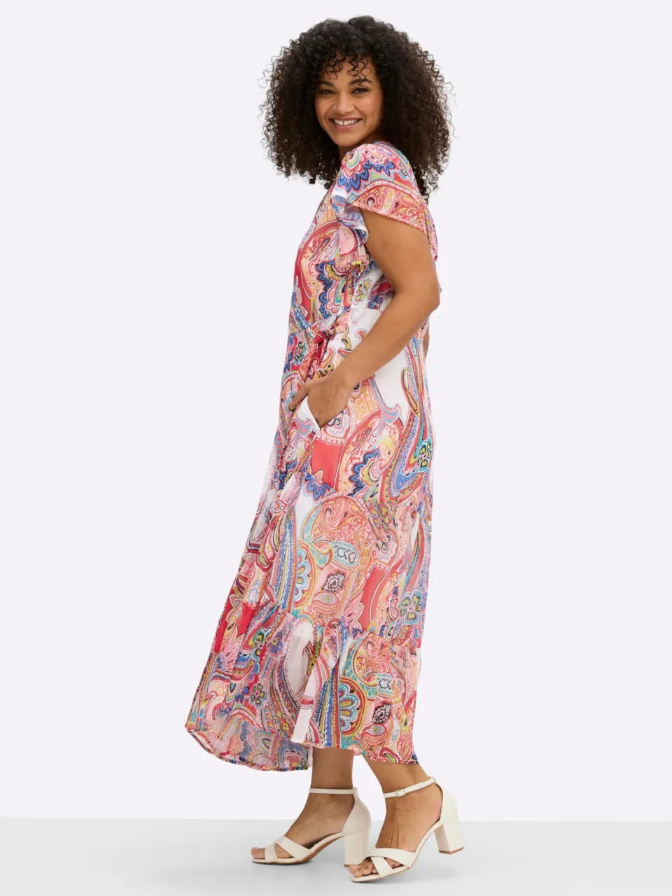 Chiffon jurk ecru/rood gedessineerd, foto 3
