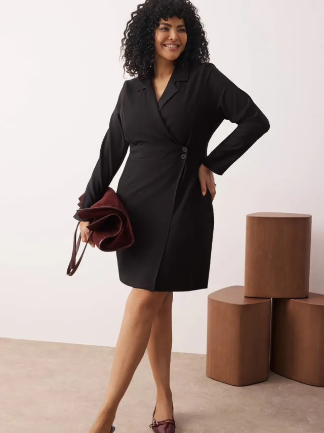 Trendyol Curve Dames Zwart Effen Kort / Mini Lang Zakelijk Blazer Jurk Grote maten Jurk