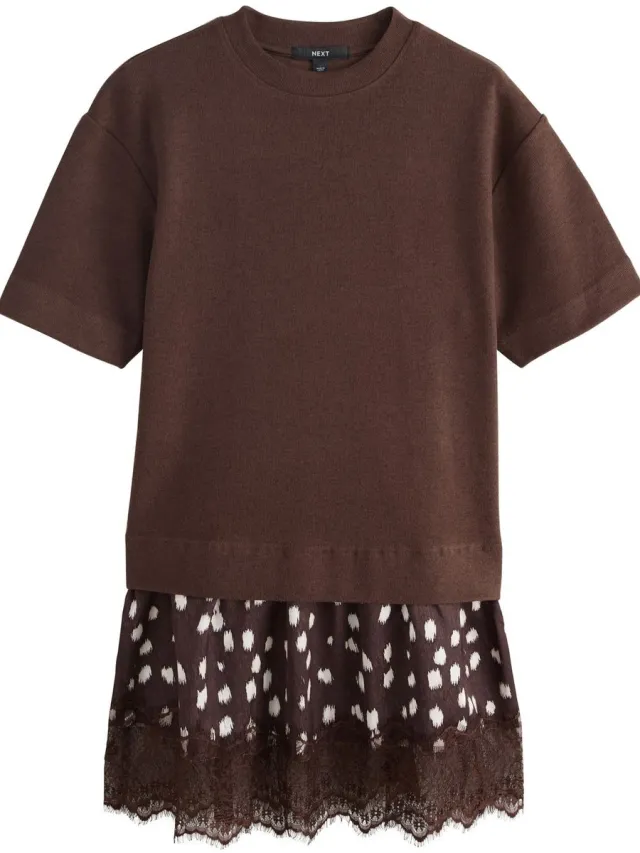 Next Dames - 2-in-1 T-shirtjurk met korte mouwen en een zacht gevoel - Bruin Chocolate Brown/Deer Print