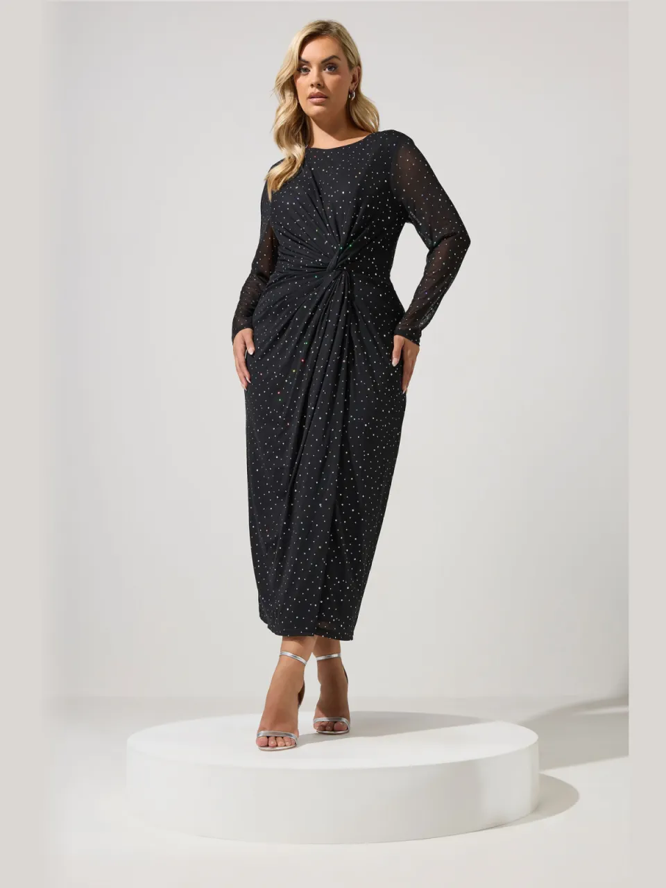 Yours London Zwarte Metallic Mesh Jurk Met Knoop Aan De Voorkant, foto 2