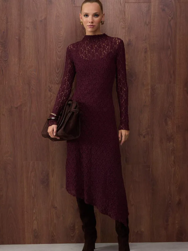 Trendyol TRENDYOLMİLLA Dames Paars Effen Maxi Lang Avond / Dagelijks Asymmetrisch Jurken Rood
