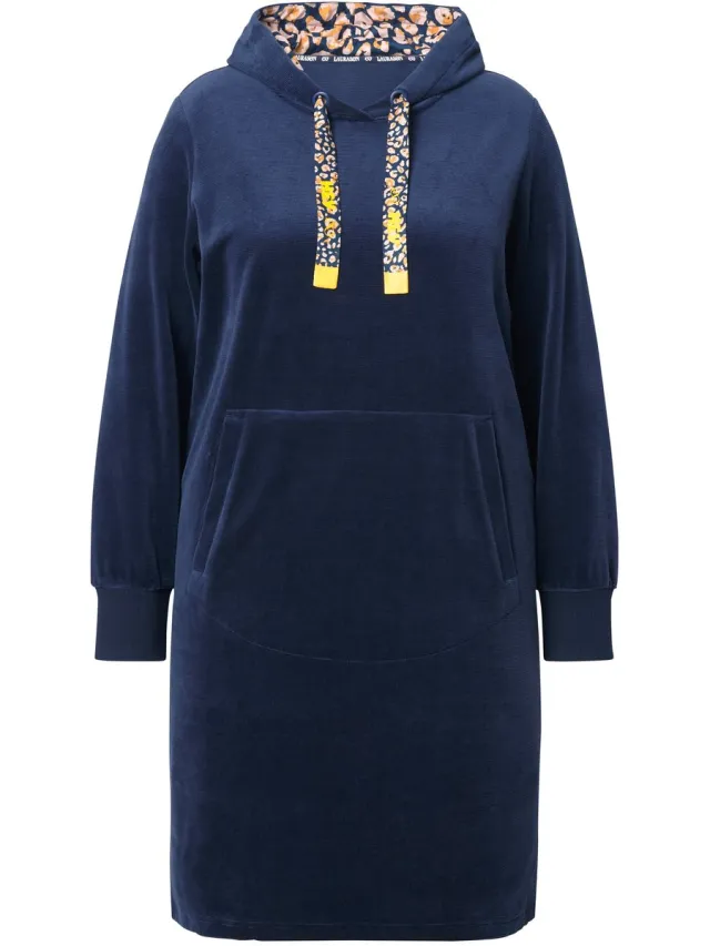 Laurasøn Dames - Capuchonjurk fijne corduroylook lange mouw - Navyblauw - Maat 52+