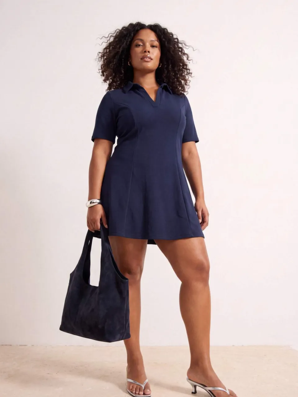 Trendyol Curve Dames Donkerblauw Effen Kort / Mini Driekwart mouw A-lijn Grote maten Jurk Marineblauw/Blauw