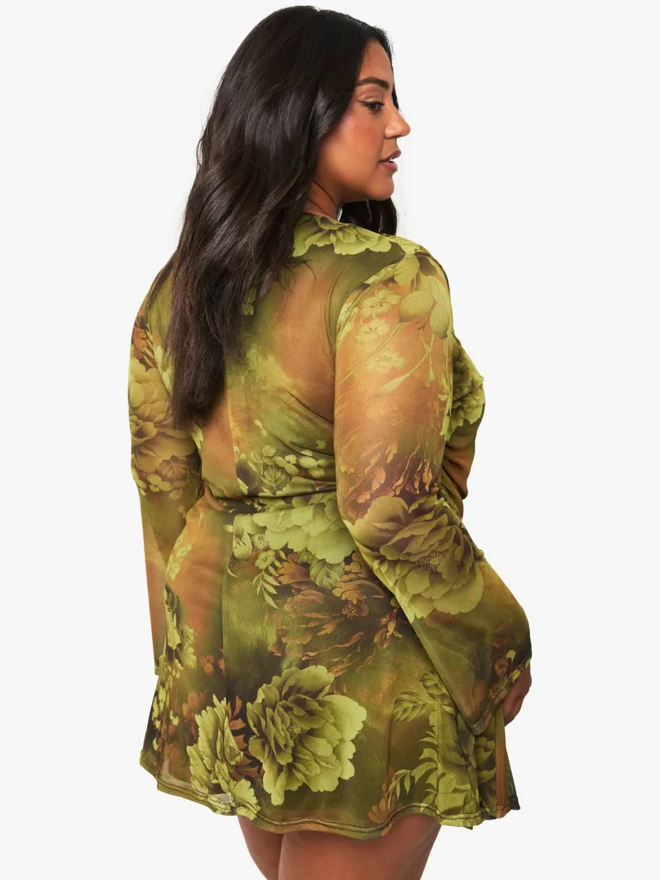 boohoo Dames plus bloemrijke mesh wrap mini-jurk olijf, foto 2