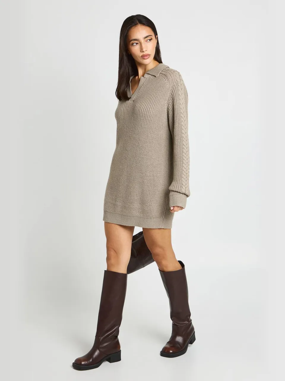 boohoo Dames Grofgebreide Trui-jurk Met Kraag En V-hals taupe, foto 3