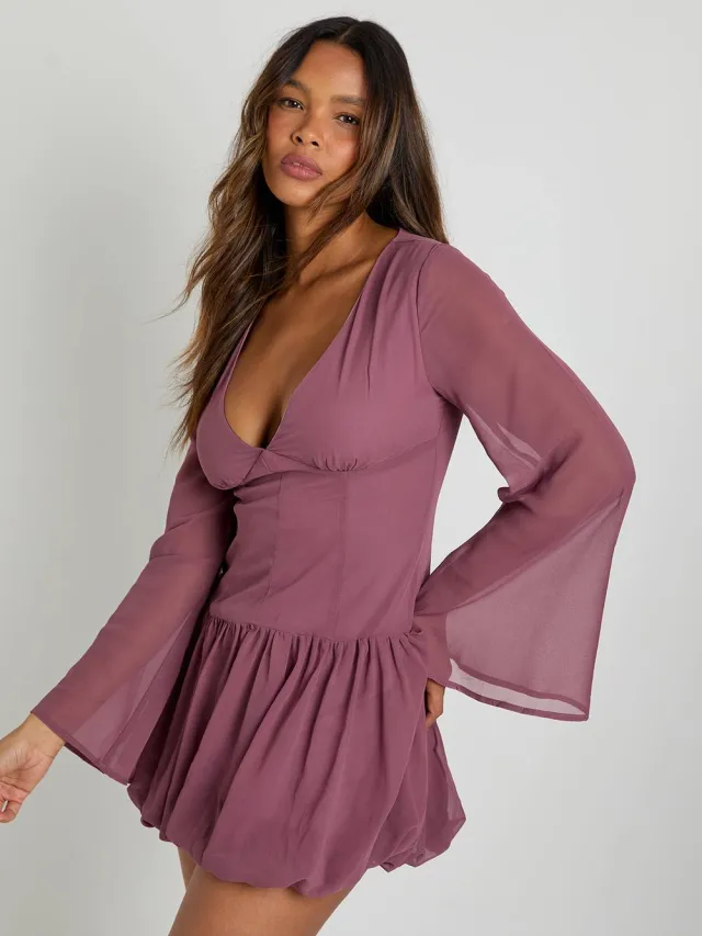 boohoo Dames Chiffon mini-jurk met lage taille en pofbal Roos