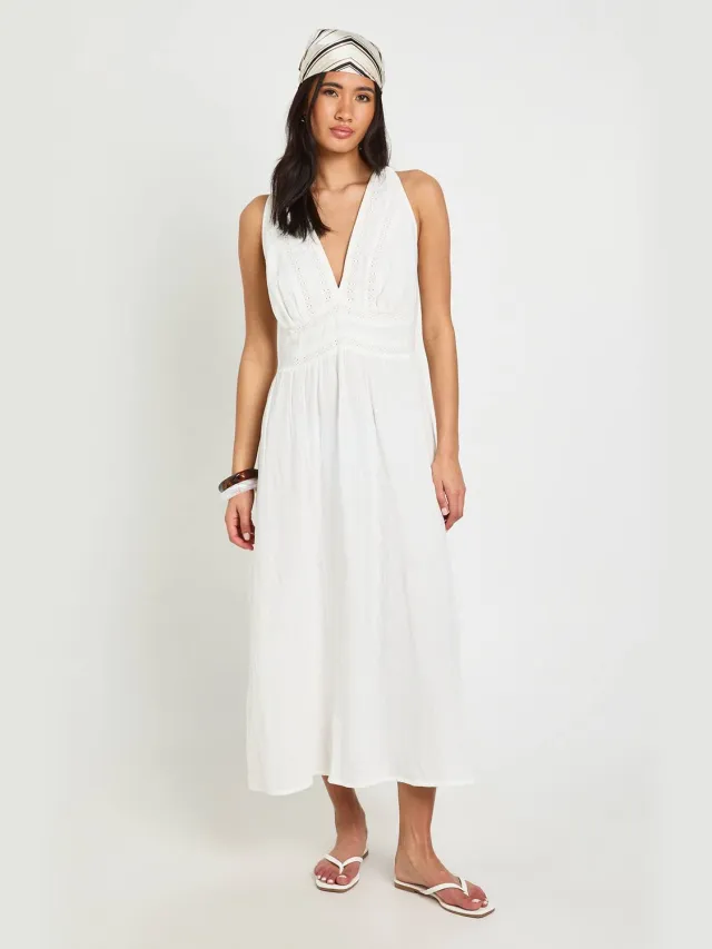 boohoo Dames Midaxijurk Met Structuur En Kanten Afwerking Ivoor