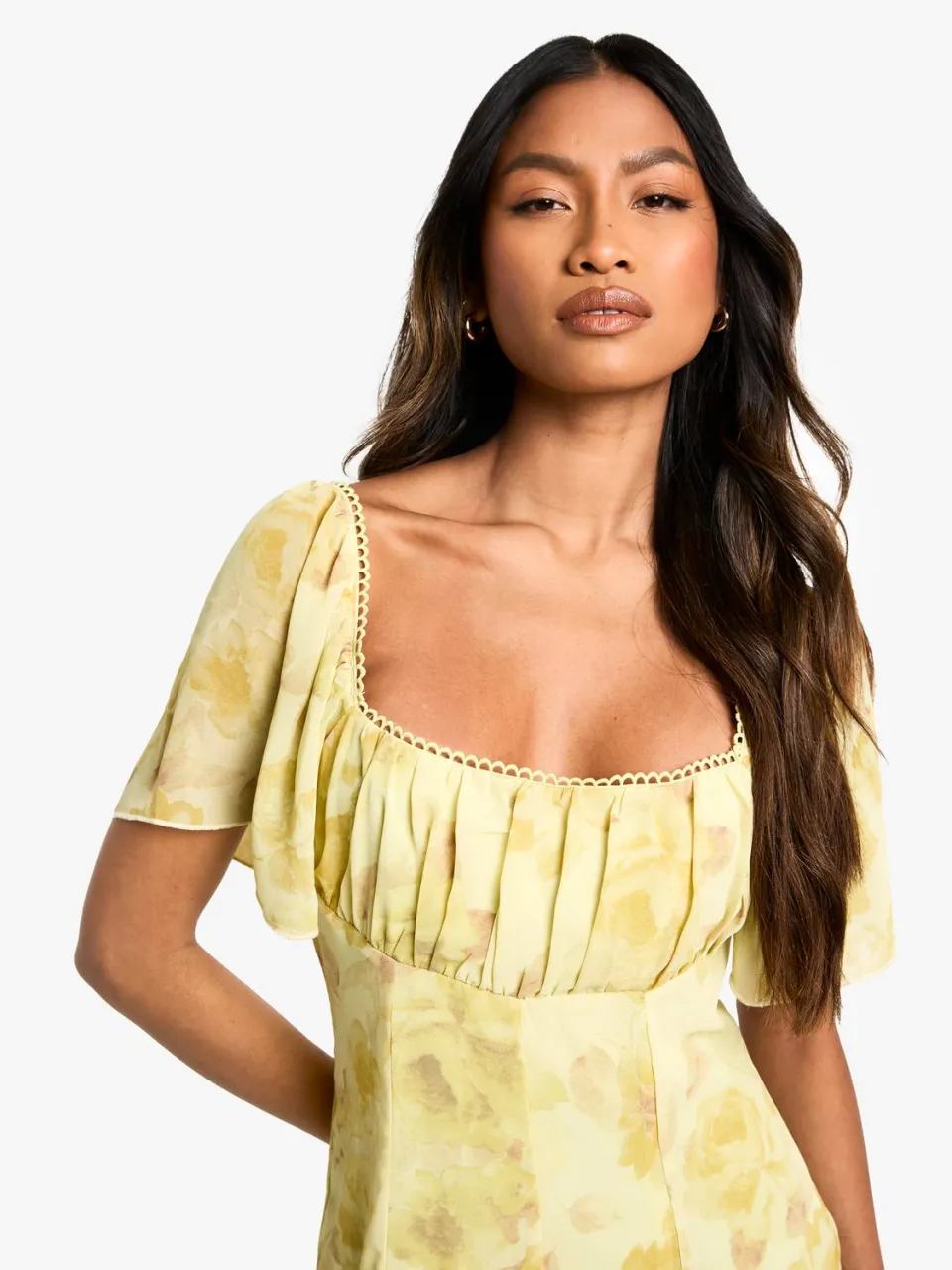 boohoo Dames Bloemige Melkmeid Godet Zoom Mini Jurk citroen, foto 4