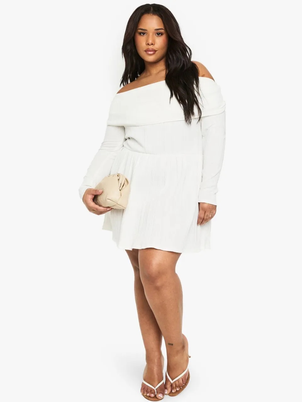 boohoo Dames Plus Cotton Rib Bardot Skater Jurk crème, foto 3