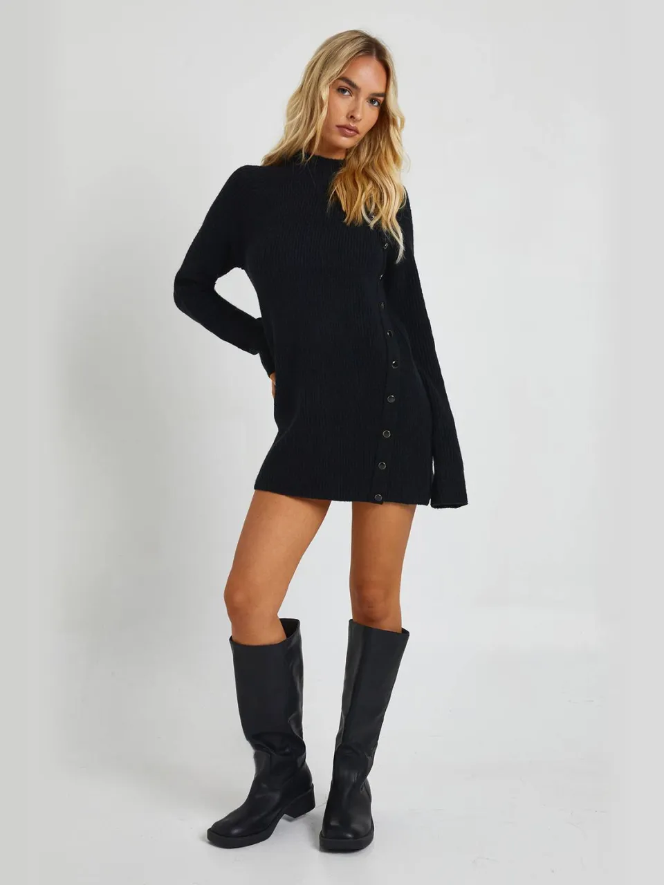 boohoo Dames Knopdetail Gebreide Mini Jurk Zwart