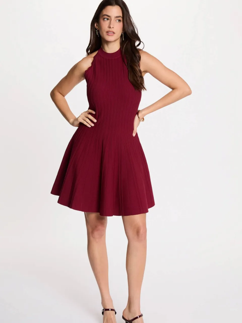 Morgan gebreide halter jurk - donkerrood, foto 3