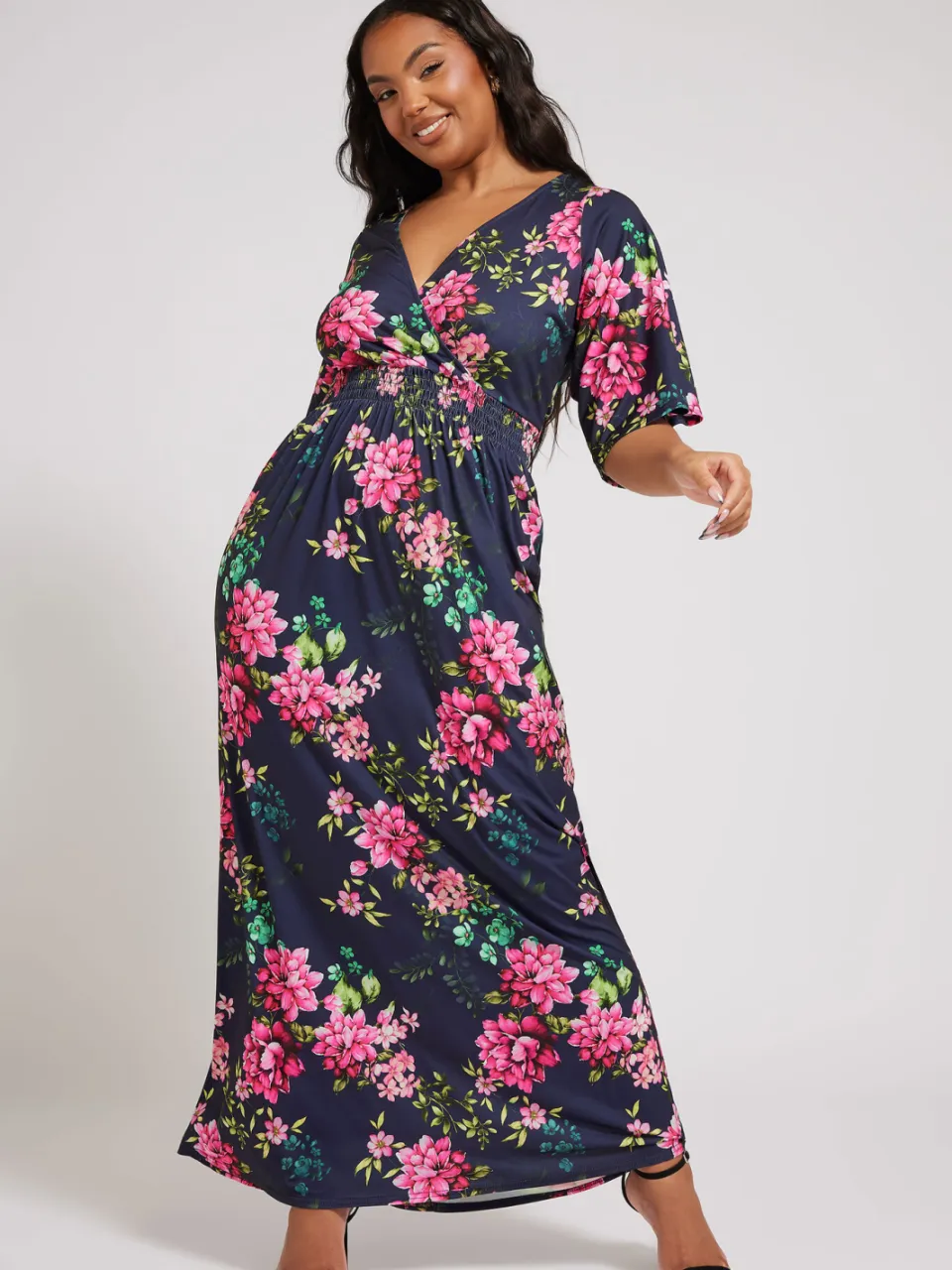 Yours London Maxijurk Met Bloemenmotief, Elastische Taille En Engelmouwen In Donkerblauw blauw, foto 2