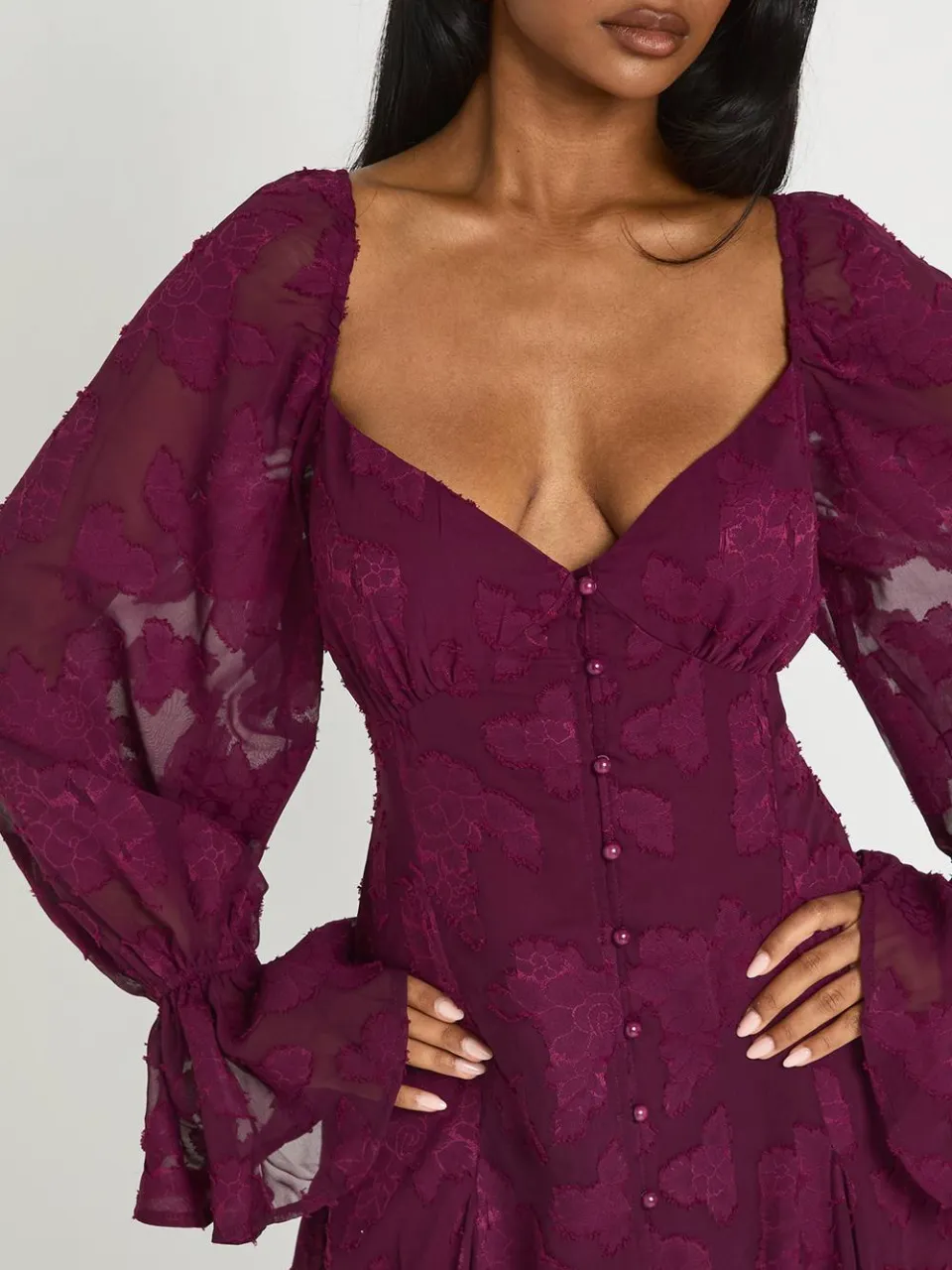 boohoo Dames Burnout Bloemen Godet Zoom Mini Jurk pruim, foto 4