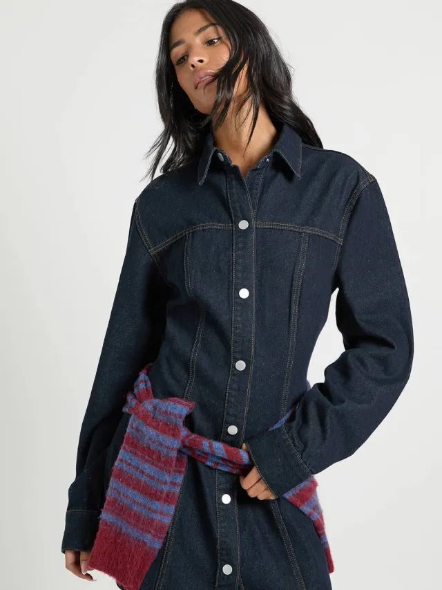 boohoo Dames Extra lange denimjurk met lange mouwen en getailleerde taille Indigo