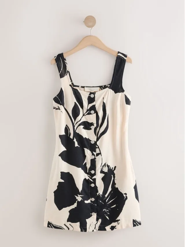 Next Dames - Mini-overhemdjurk met vierkante hals en knoopsluiting - Crème Monochrome Floral Printed