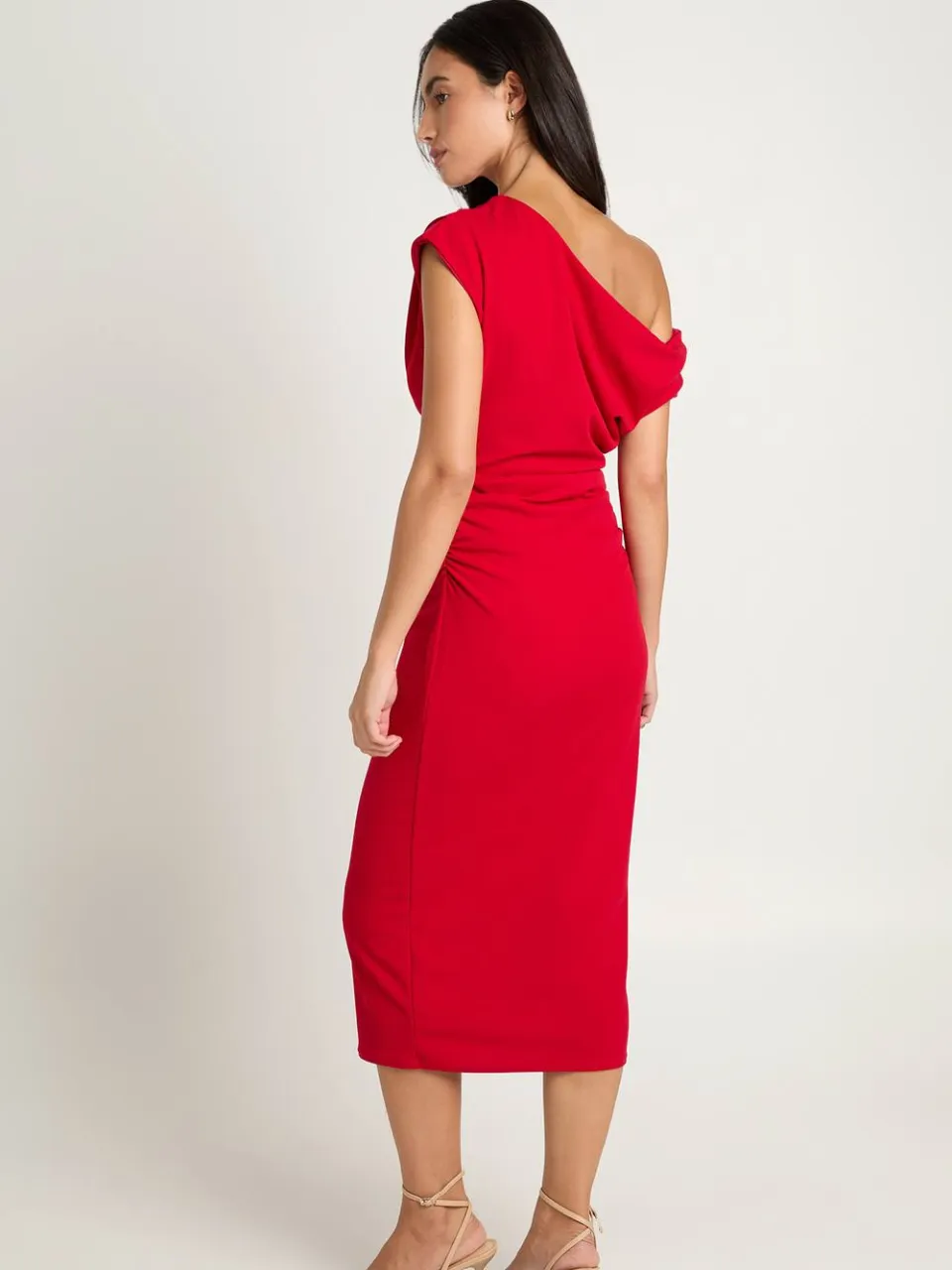 boohoo Dames Crepe Asymmetrische Hals Drape Midi Jurk rood, foto 2