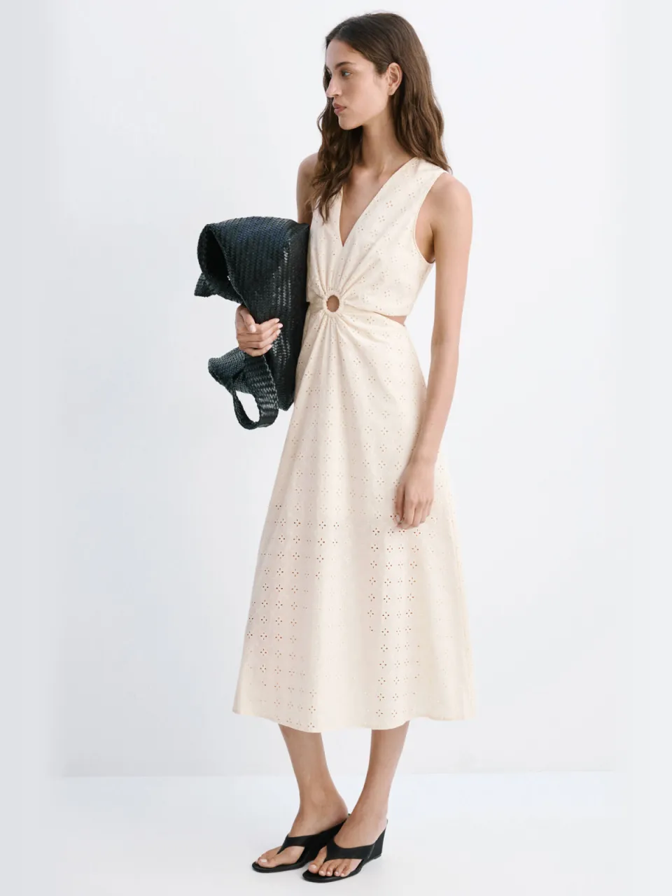 Mango broderie midi jurk - ecru