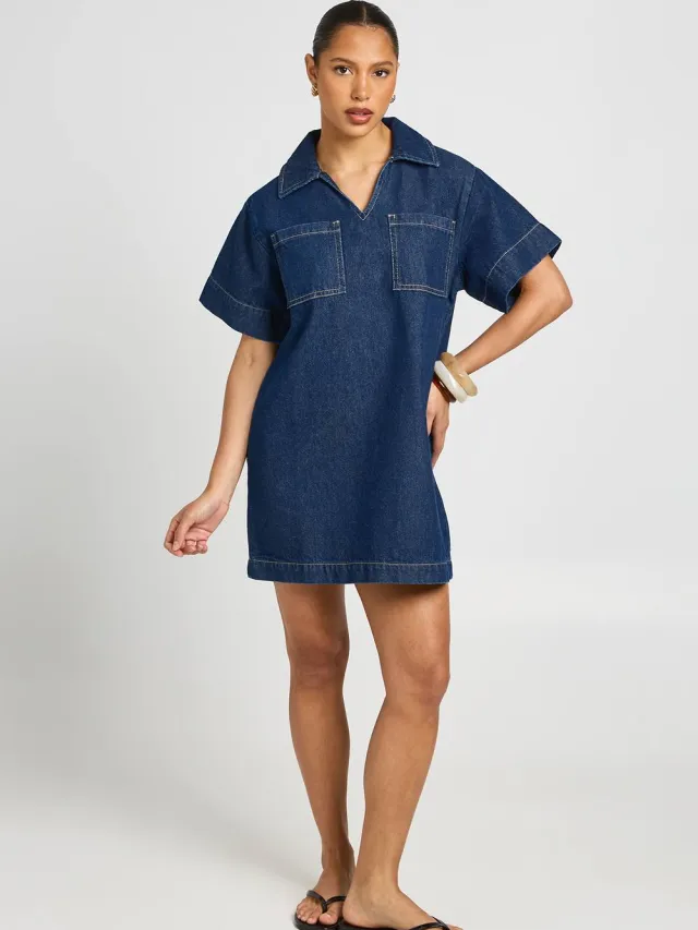 boohoo Dames Ruimvallende Denim Jurk Met Korte Mouwen Indigo