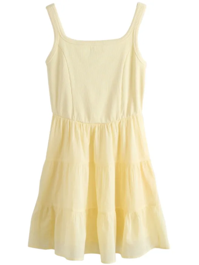 Next Dames - Gelaagde petite minizomerjurk met vierkante has - Petite - Geel Butter Yellow