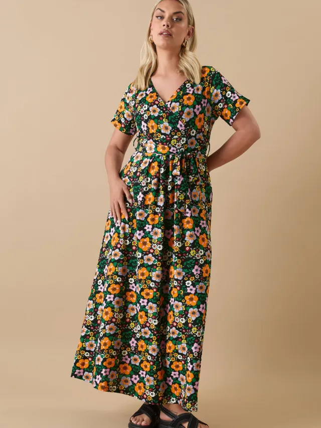 Yours Lange Wikkeljurk Met Bloemenmotief En Korte Mouwen In Zwart/Oranje-56 Black